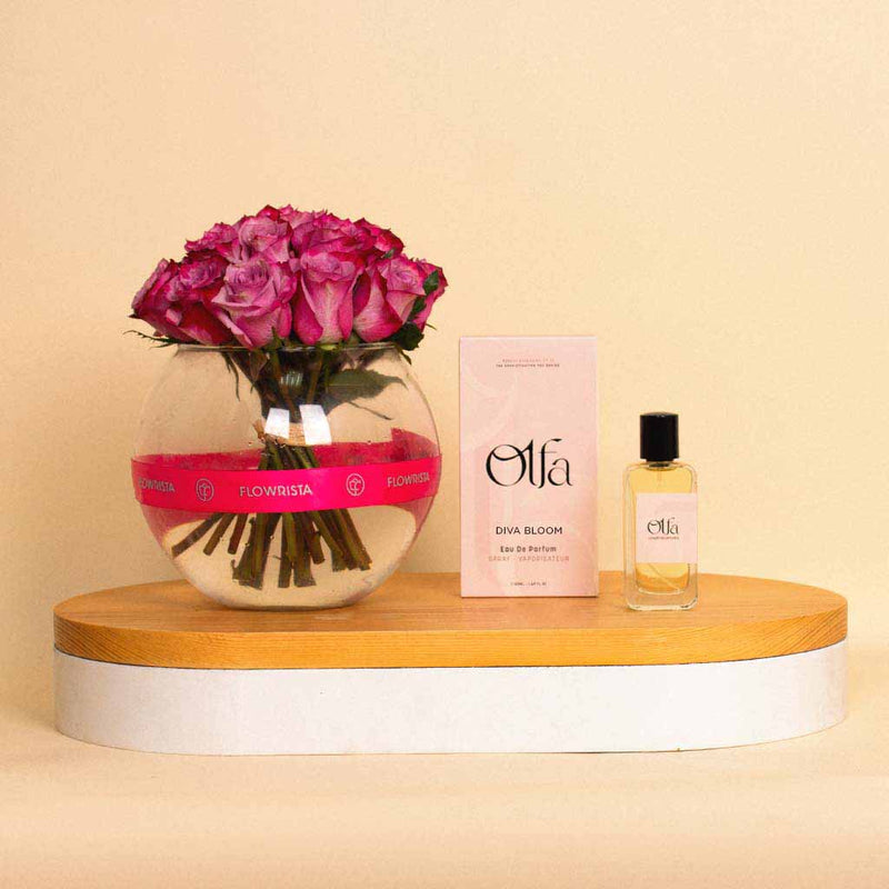 Olfa Diva Bloom | Perfume & Bowl Vase with 20 Purple Flowers