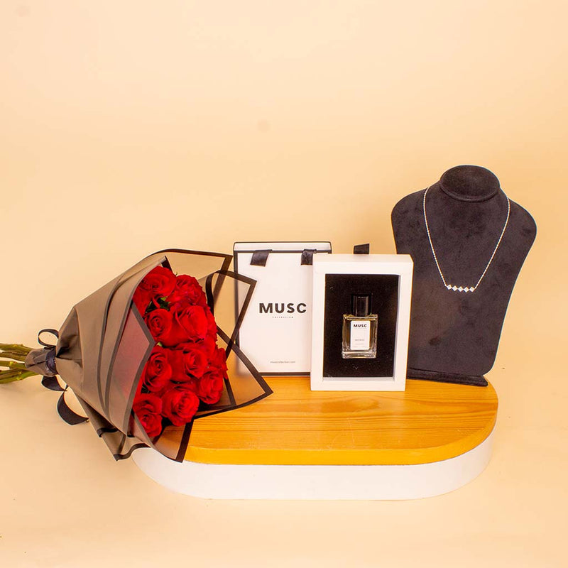 Signature Musc & Zircon Bundle - Perfume 30ml & Necklace & Red Roses Bouquet