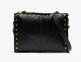 A black leather shoulder bag with gold-tone metal studs and a black leather strap, shown against a plain white background.