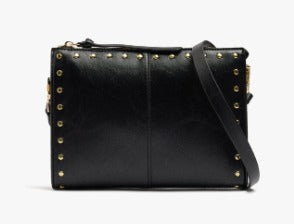 A black leather shoulder bag with gold-tone metal studs and a black leather strap, shown against a plain white background.