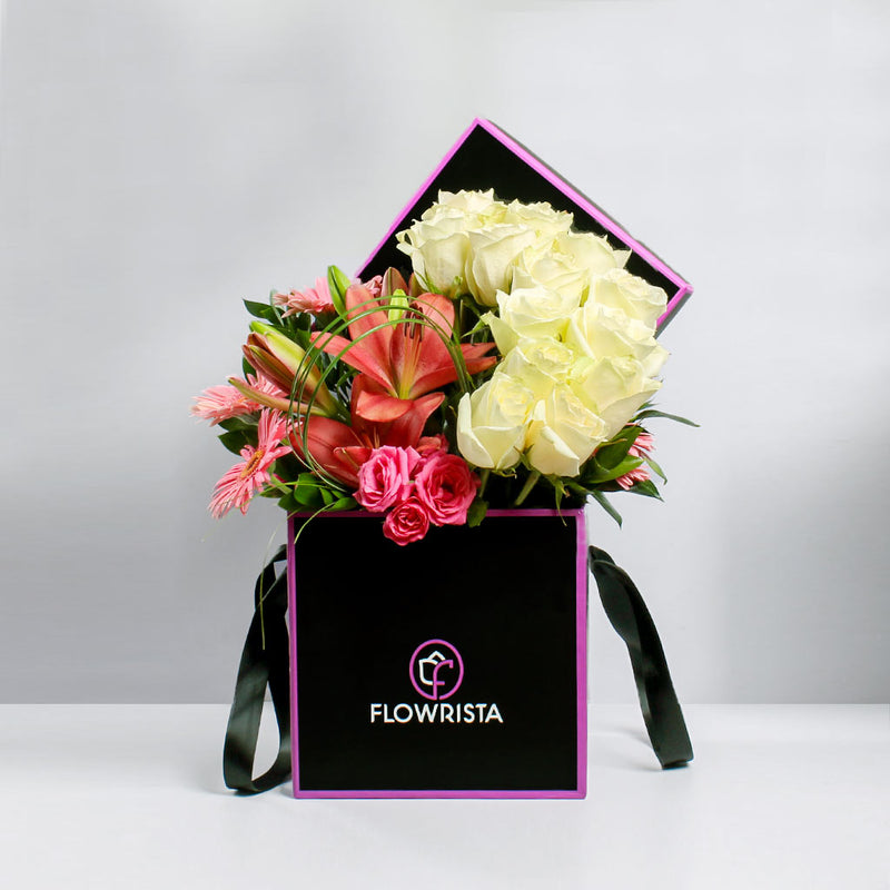 Luxury Flower Box: White Roses, Lilies, and Gerberas