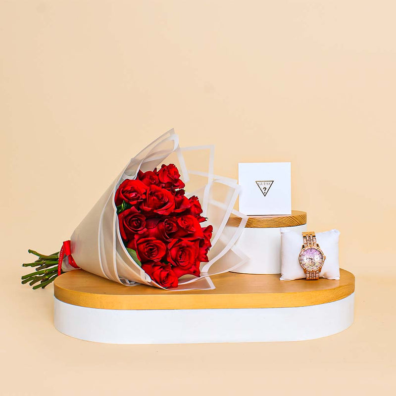 Guess Gold And Rhinestone Multifunction Watch | 15 Red Rose