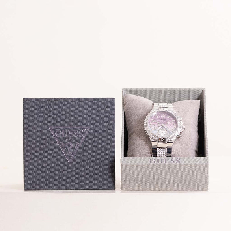 GUESS Ladies Silver Tone Multi-Function Watch & 15 Red Roses Bouquet