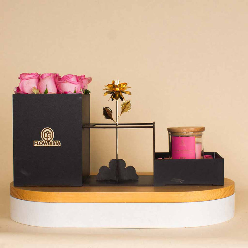 Box Pink Roses And Candle And Golden Rose