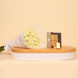 Passionelle Chocolate Small Gold Ingot Box with Hand Bouquet of 15 White Roses