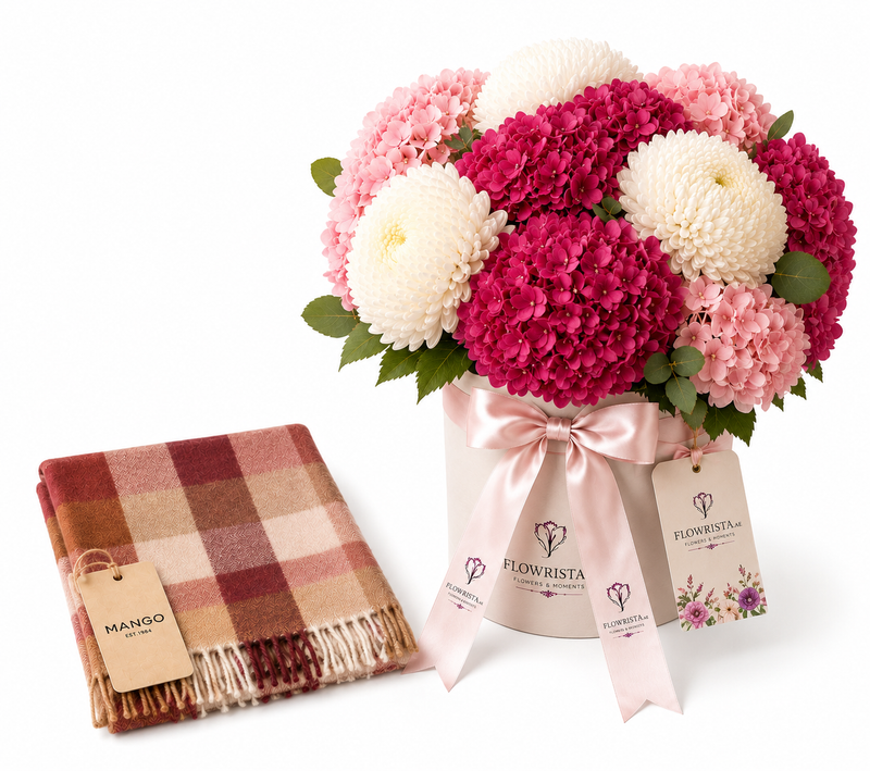 Mango Check Scarf with Fringed Ends & Flowrista Burgundy Hydrangea Bouquet