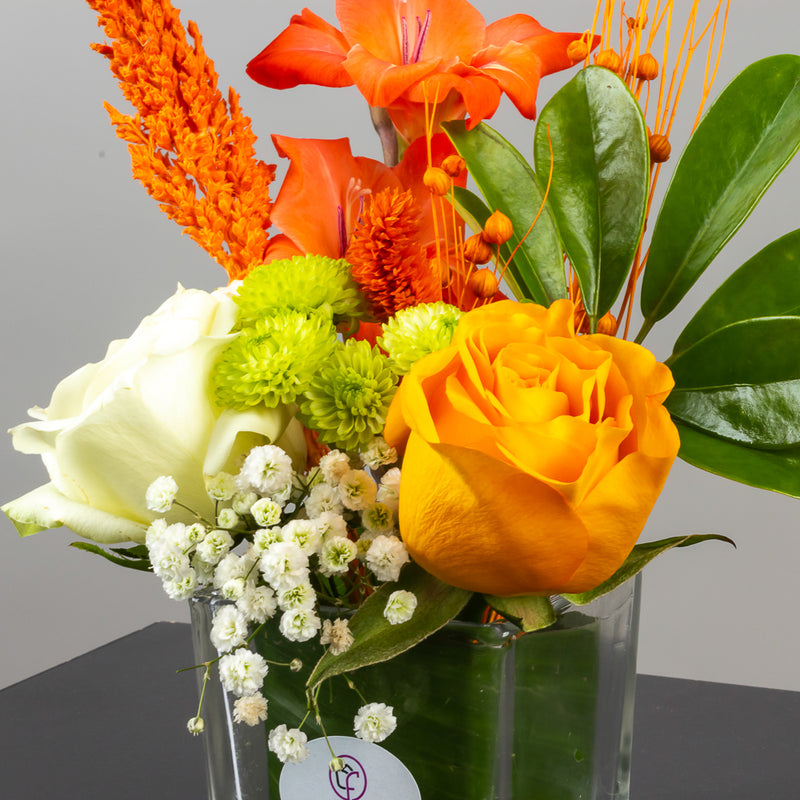 Sunshine Glow Vase – Orange & Yellow Roses