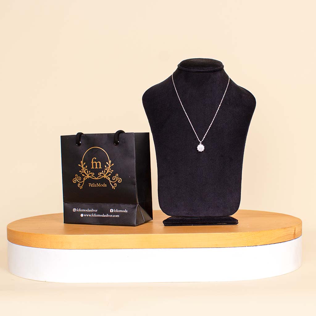 FelizModa Shiny Stones Round Pendant Silver Necklace | Red Flower Vase