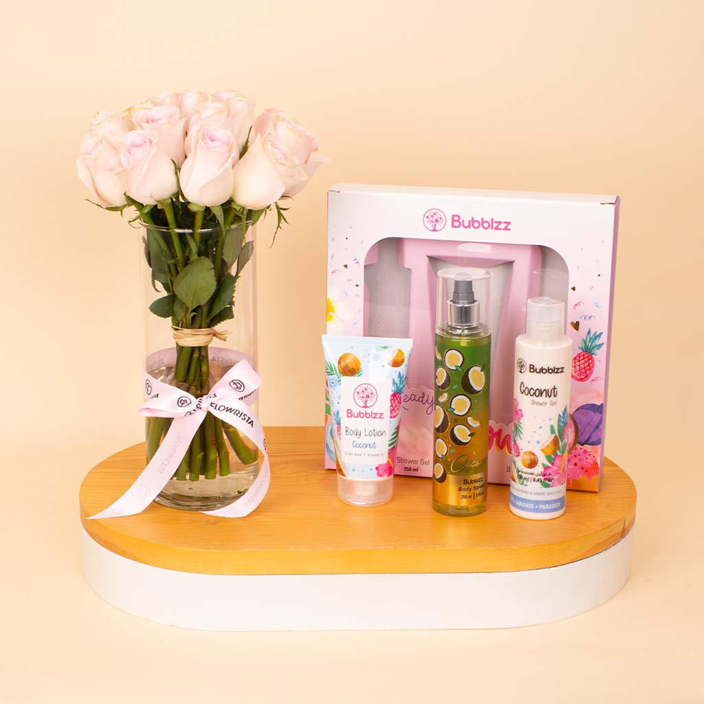 Bubblzz Glow Gift Set Coconut & Pink Roses Vase