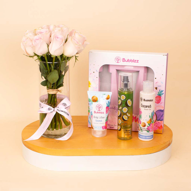Bubblzz Glow Gift Set Coconut & Pink Roses Vase