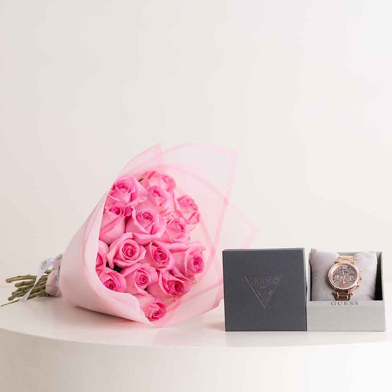 GUESS Solstice Gold-tone Silver Watch & Revival Roses Bouquet