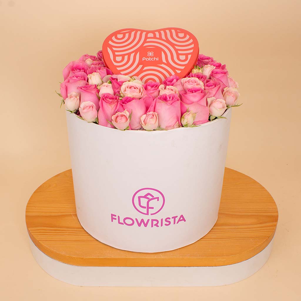 Blush Heart Bloom Box - Revival Roses & Patchi Heart Box 22 pcs