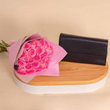 Pavo Black Small Handbag with Hand Bouquet of 20 Pink Roses