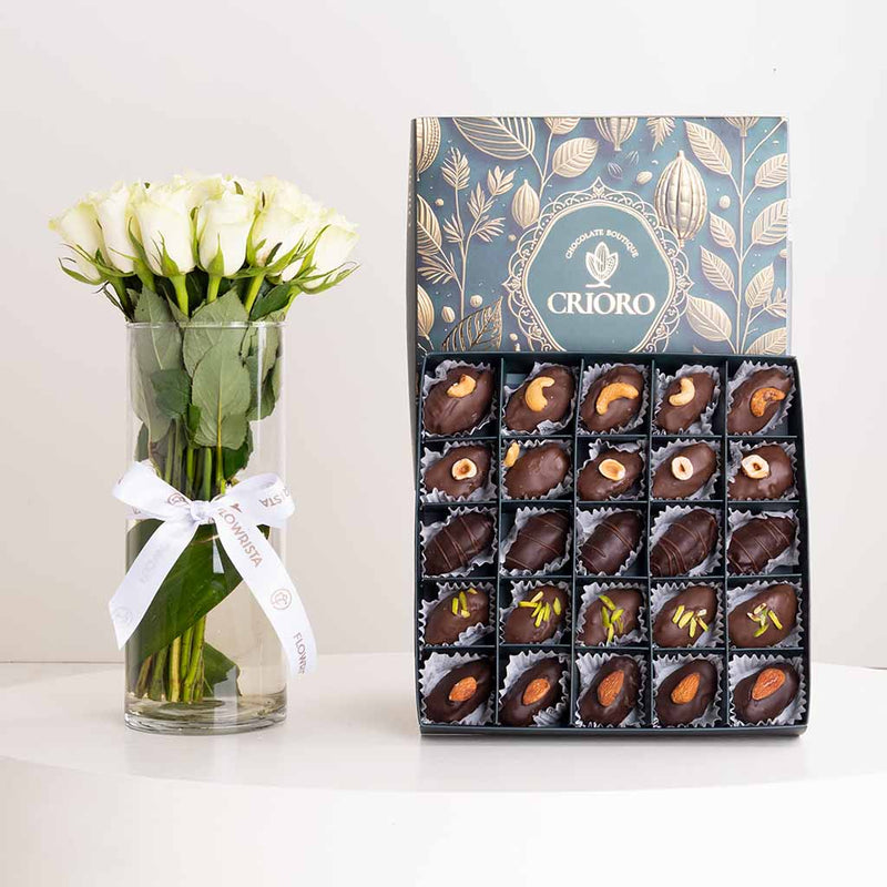 Crioro Premium Stuffed Medjool Dates - 25-Piece & White Roses Vase