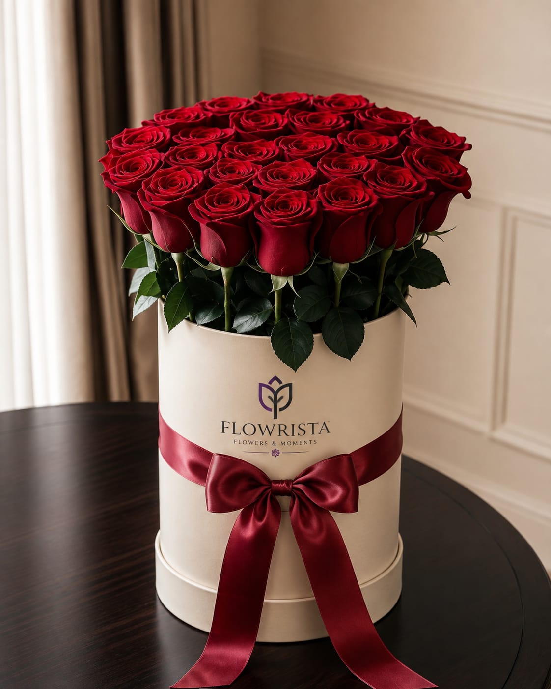 A large bouquet of 60 red roses arranged in a round white box with a red ribbon bow, placed on a dark wooden table in an indoor setting.