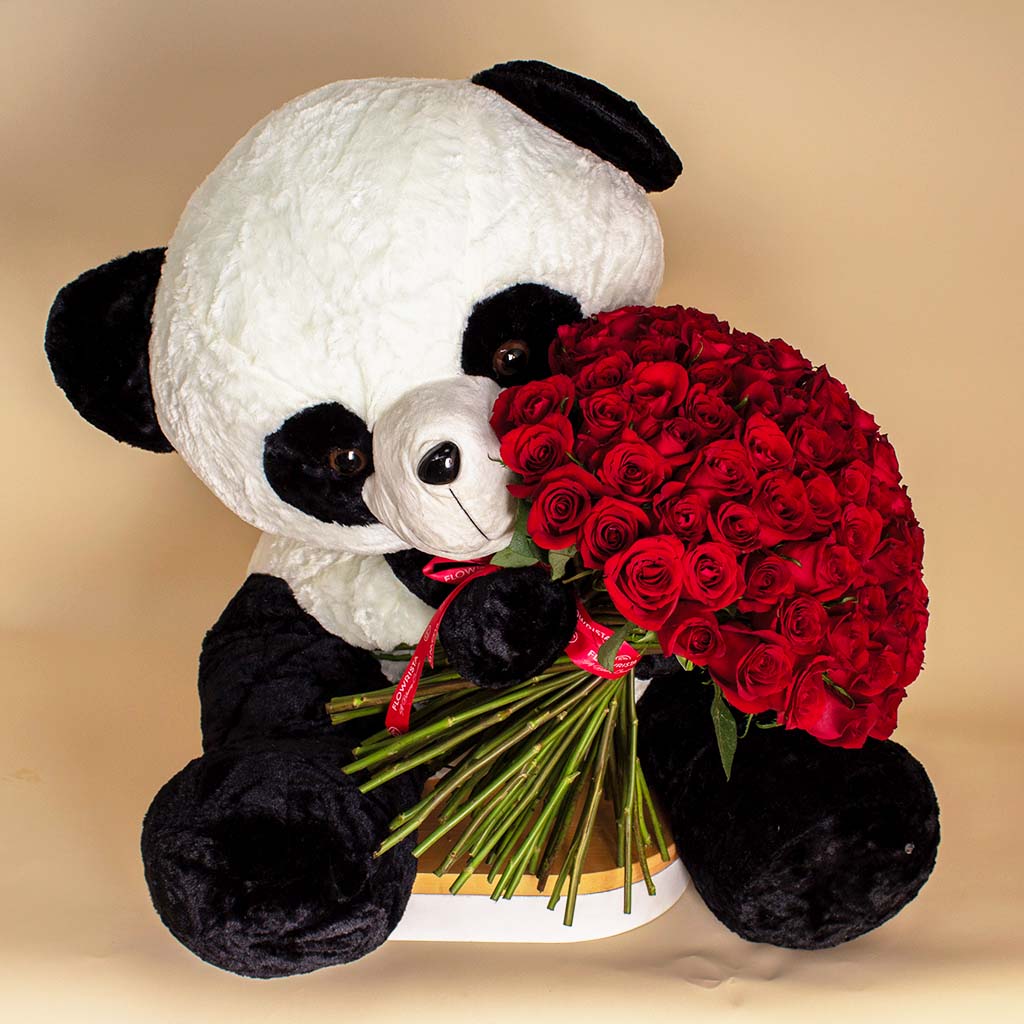 Teddy Bear with 100 Red Roses