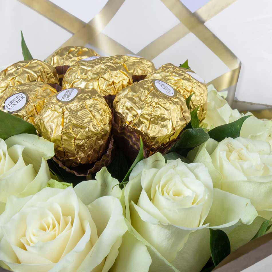 Bouquet of White Roses & Ferrero Rocher Chocolates