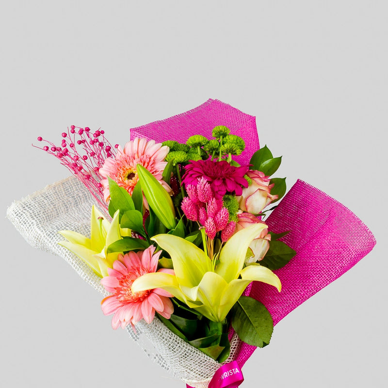Pink Roses, Gerbera & Yellow Lilies Bouquet