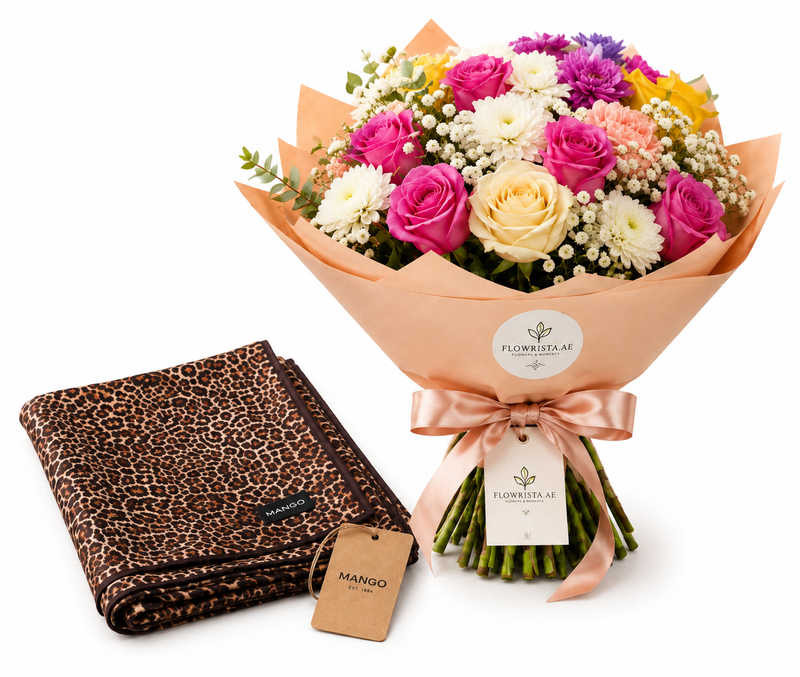 Mango Animal Print Scarf with Flowrista Pastel Mixed Bouquet