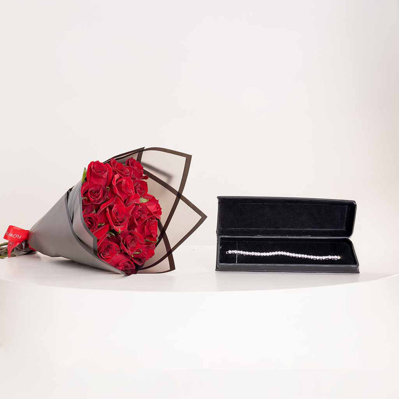 Felizmoda Silver-Tone Zircon Tennis Bracelet & Red Roses Bouquet