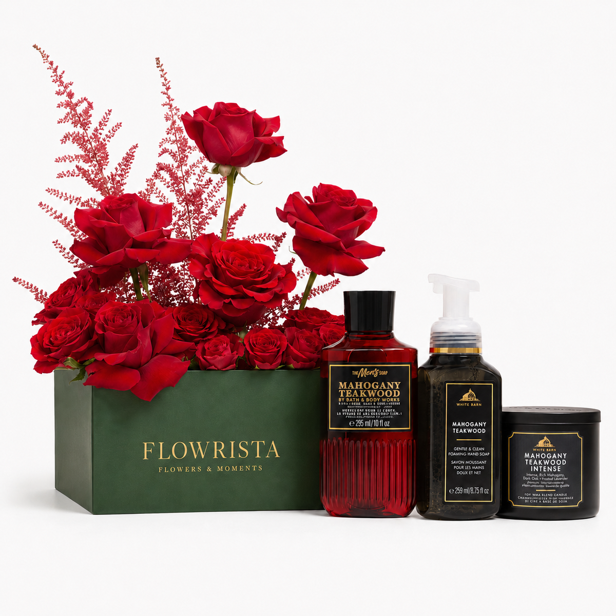 A gift set from Flowrista featuring a large arrangement of red roses in a dark green box, alongside three hair care products: a marigold teawood shampoo bottle, a matching conditioner pump bottle, and a hair mask jar, all on a clean white background.