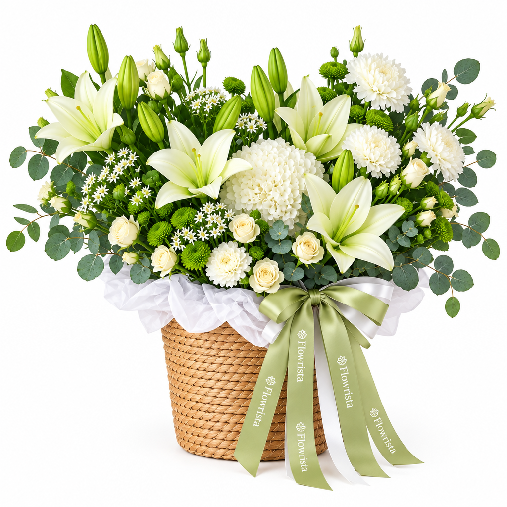 Flowrista woven flower basket with white lilies, chrysanthemums, cream roses and green foliage