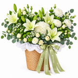 Flowrista woven flower basket with white lilies, chrysanthemums, cream roses and green foliage