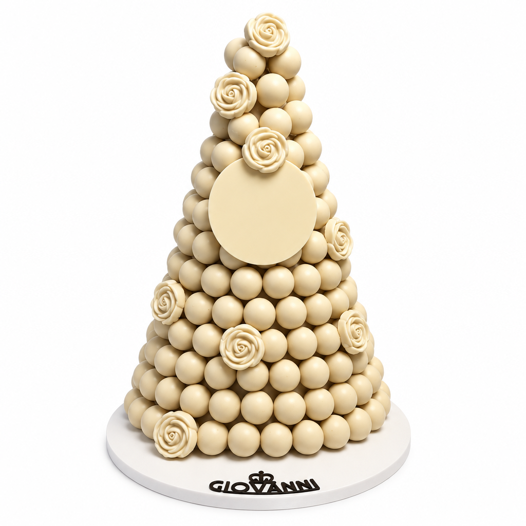 Giovanni Chocobon ivory round chocolate pyramid with rose-shaped decorations and custom plaque