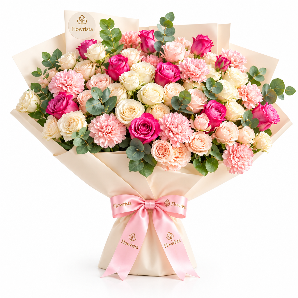 Flowrista pink and cream roses, pale pink spray roses and pink carnations with eucalyptus in cream wrapping