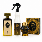 Kuwaiti perfume, home spray, and Bakhour Kuwaiti incense jar with box on a white background