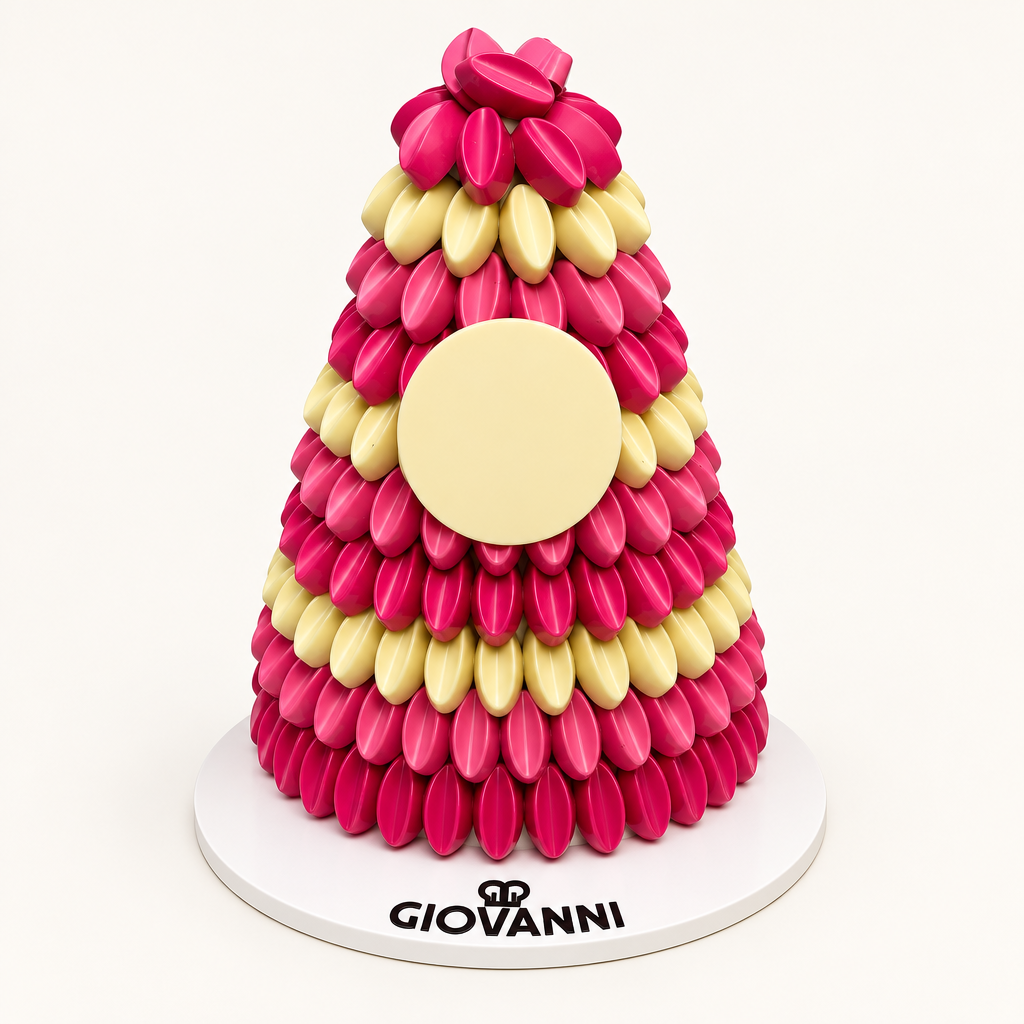 Giovanni pink and ivory petal chocolate pyramid with blank customizable round plaque