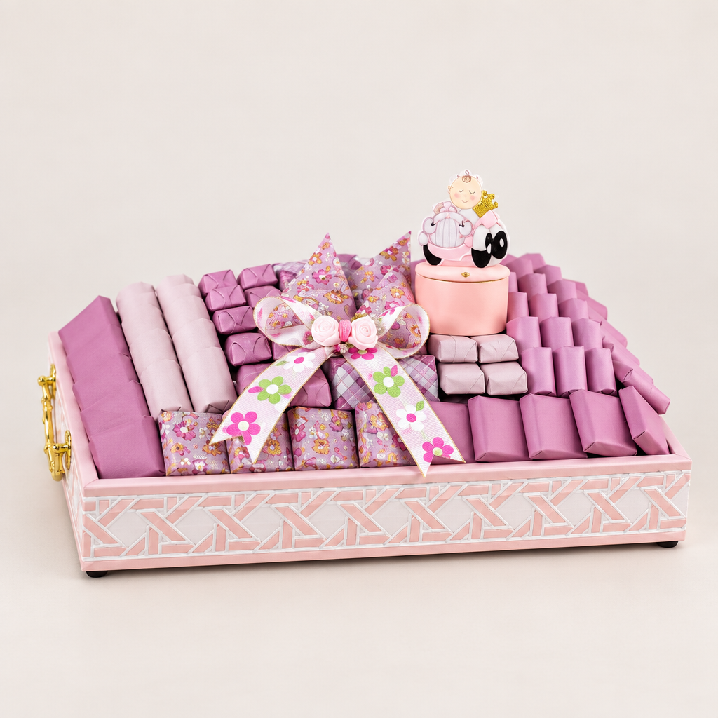 Baby Girl 7 pink and mauve chocolate gift tray with baby-themed decorations