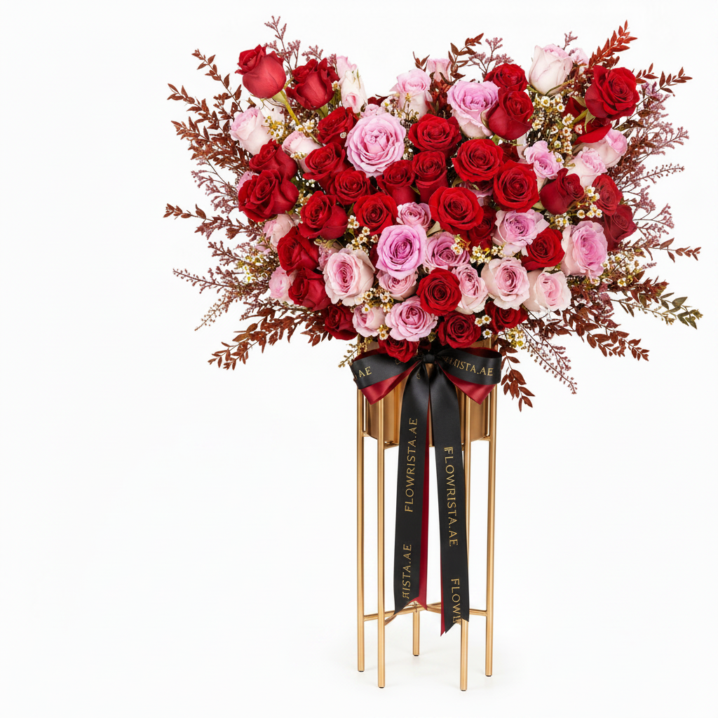 Flowrista red and pink roses heart-shaped arrangement on gold metal stand on white background
