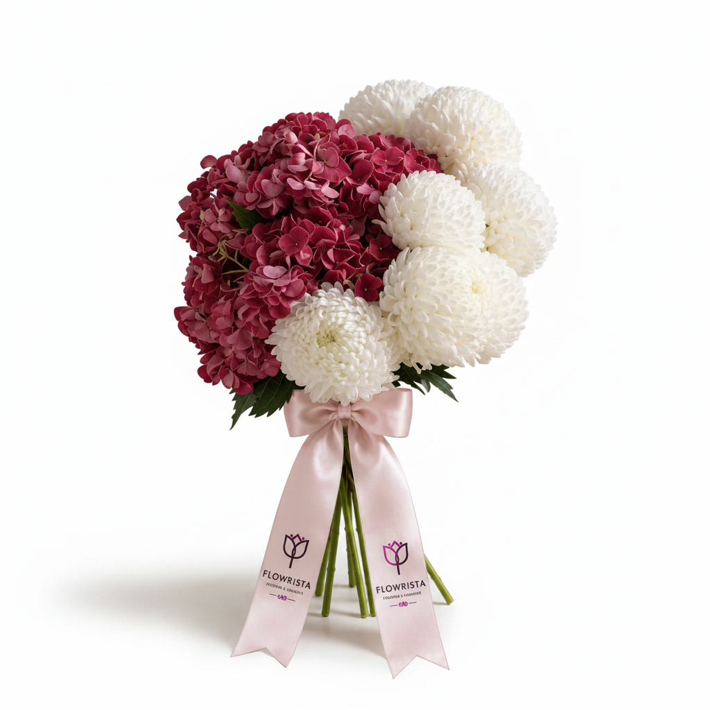 Flowrista burgundy hydrangea and white pompom chrysanthemum bouquet with pink satin ribbon