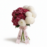 Flowrista burgundy hydrangea and white pompom chrysanthemum bouquet with pink satin ribbon