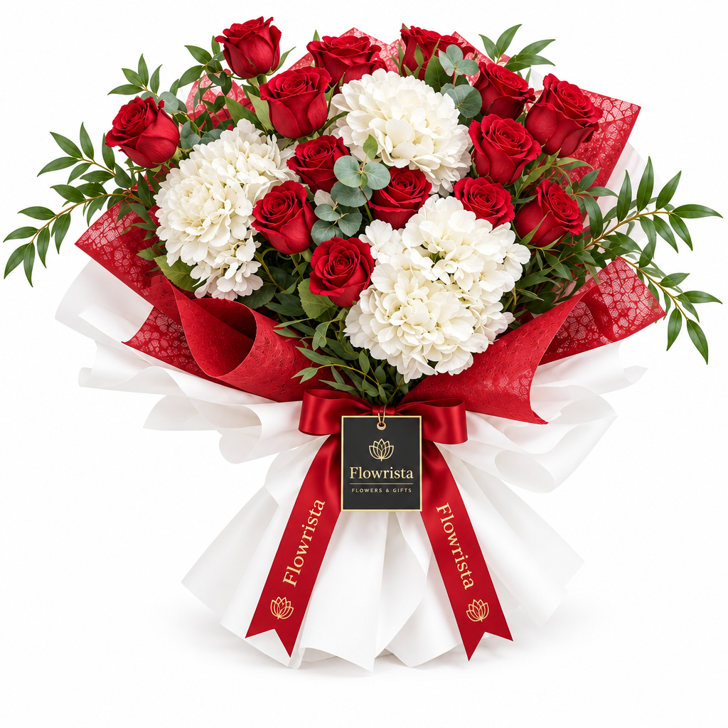 Flowrista red roses and white hydrangeas with eucalyptus in red and white bouquet wrapping