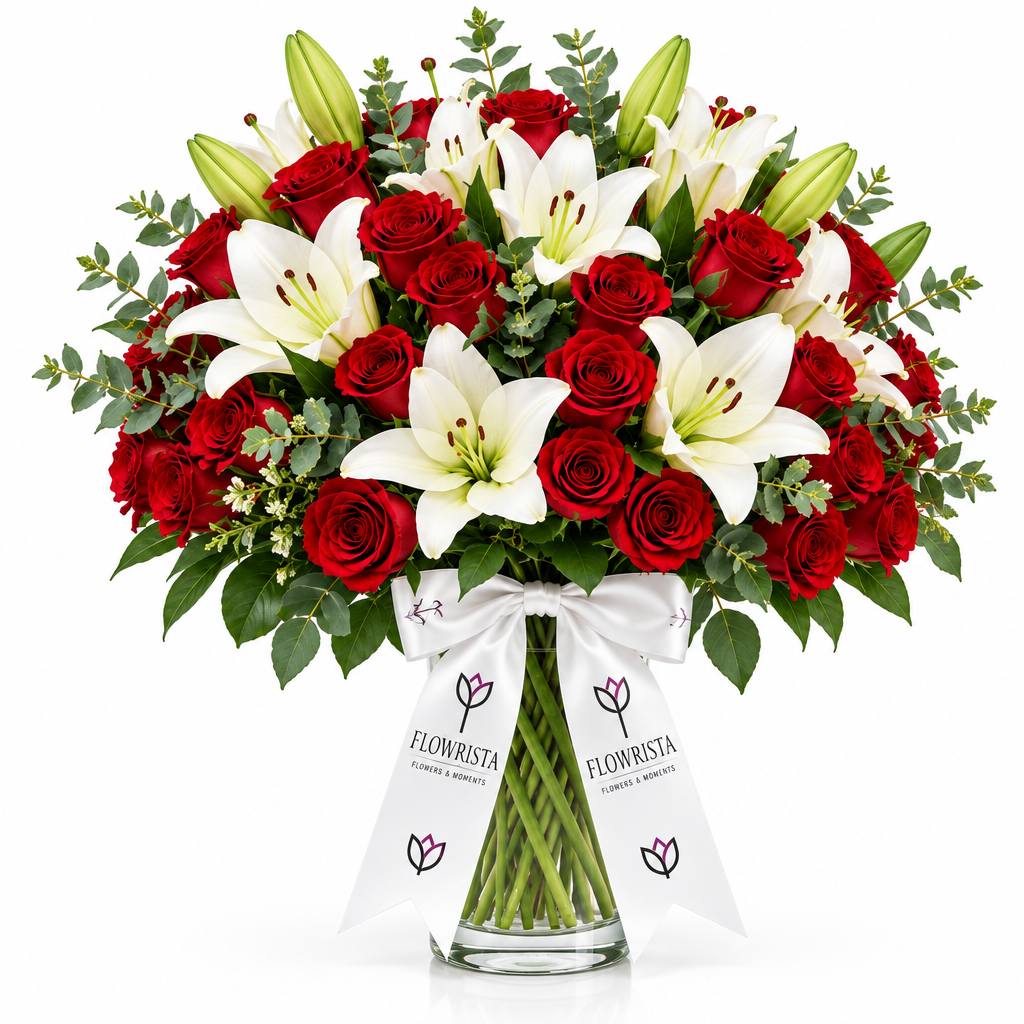 Red roses and white lilies in clear glass vase with Flowrista ribbons