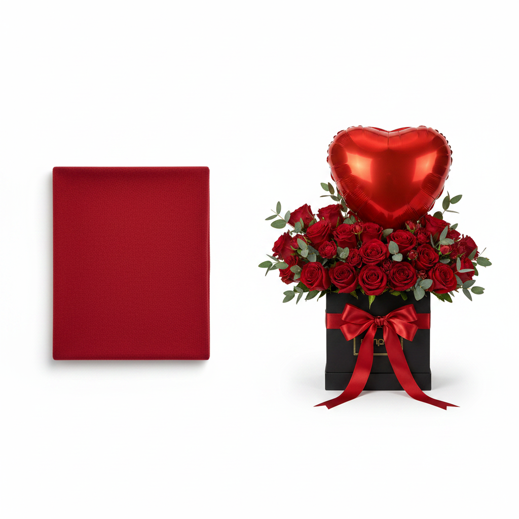 Mango red 100% cashmere knit scarf with Flowrista Forever Love red rose box and heart balloon