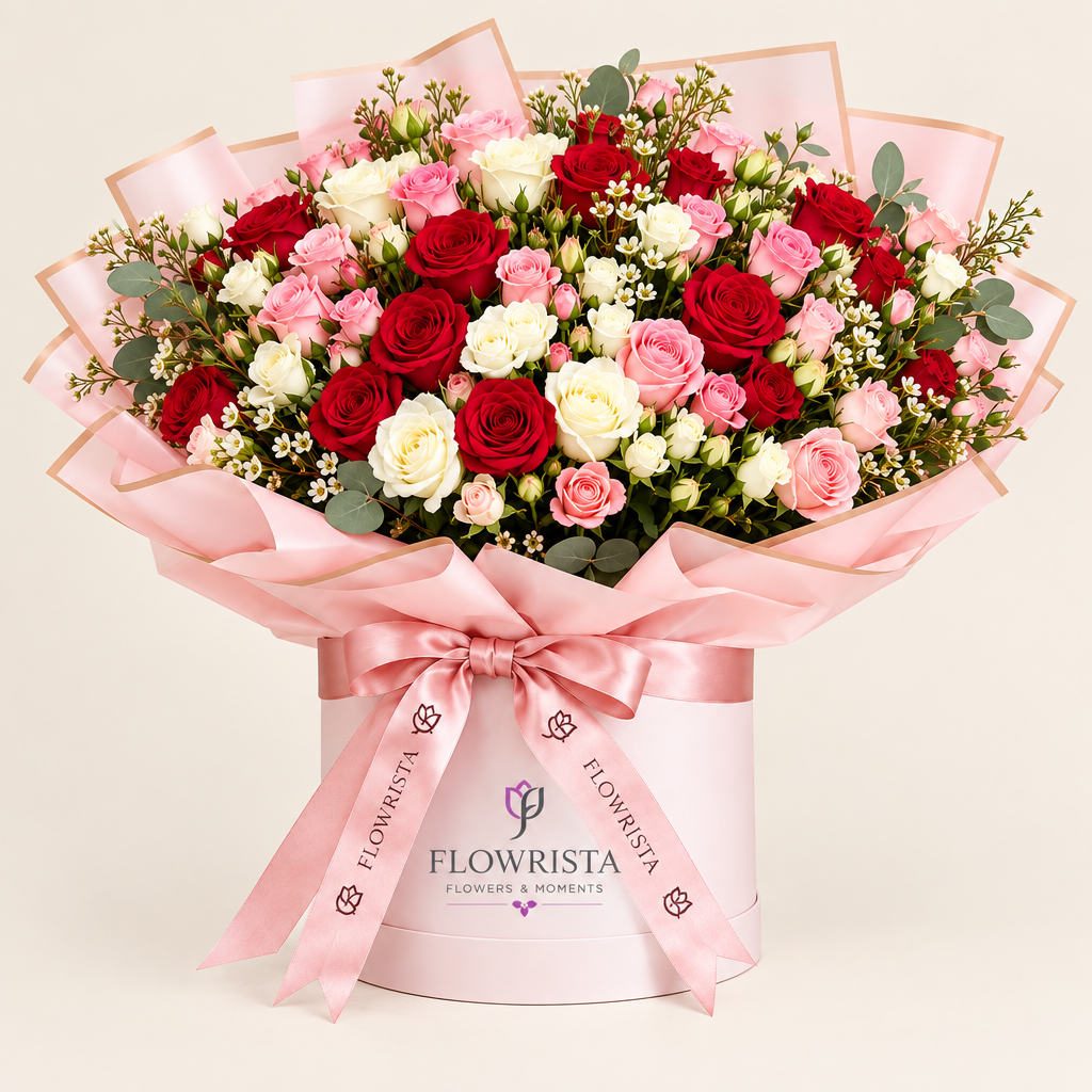 Flowrista pale pink flower box with mixed red, pink and ivory roses and greenery