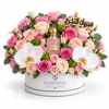 Pink Diamond Sakura perfume with roses and white orchids in a Flowrista graduation hatbox with Arabic topper