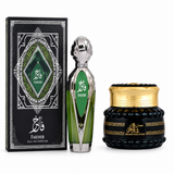 Fakher green and silver perfume bottle with presentation box and Mamoul Ashiq Al.Oud black jar