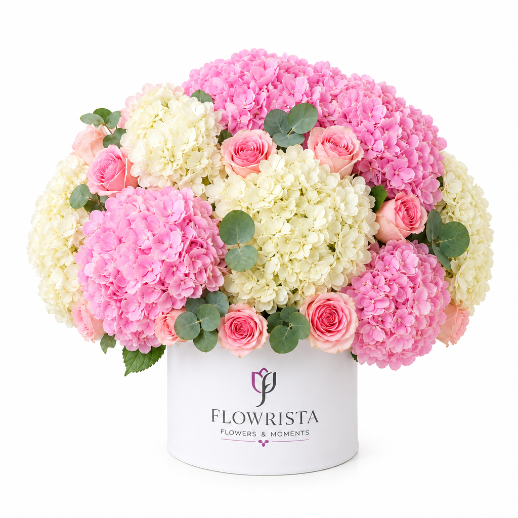 Flowrista pink and white hydrangeas with pink roses and eucalyptus in a white round flower box
