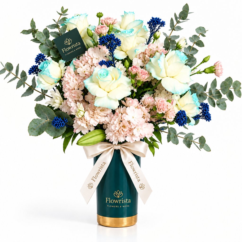 Flowrista pastel roses, blush flowers and blue accents with eucalyptus in a teal and gold vase