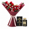 Ashek Al Oud perfume by Almas and matching box beside a Flowrista red rose bouquet