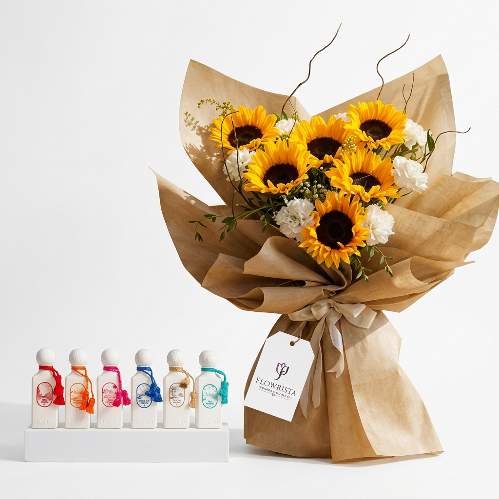 Mini Summer Collection perfume set beside sunflowers and white carnations with a Flowrista Flowers & Moments gift tag