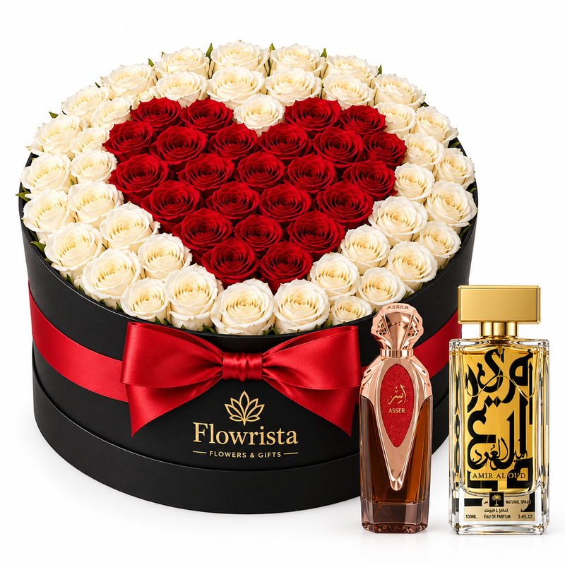 Asser and Amir Al Oud Gold perfumes beside Flowrista red rose heart and cream rose hatbox