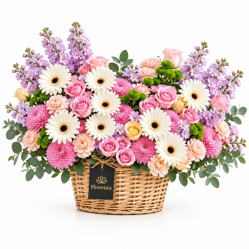 Flowrista wicker basket of white gerberas, pastel roses, pink chrysanthemums, peach carnations and lavender stock