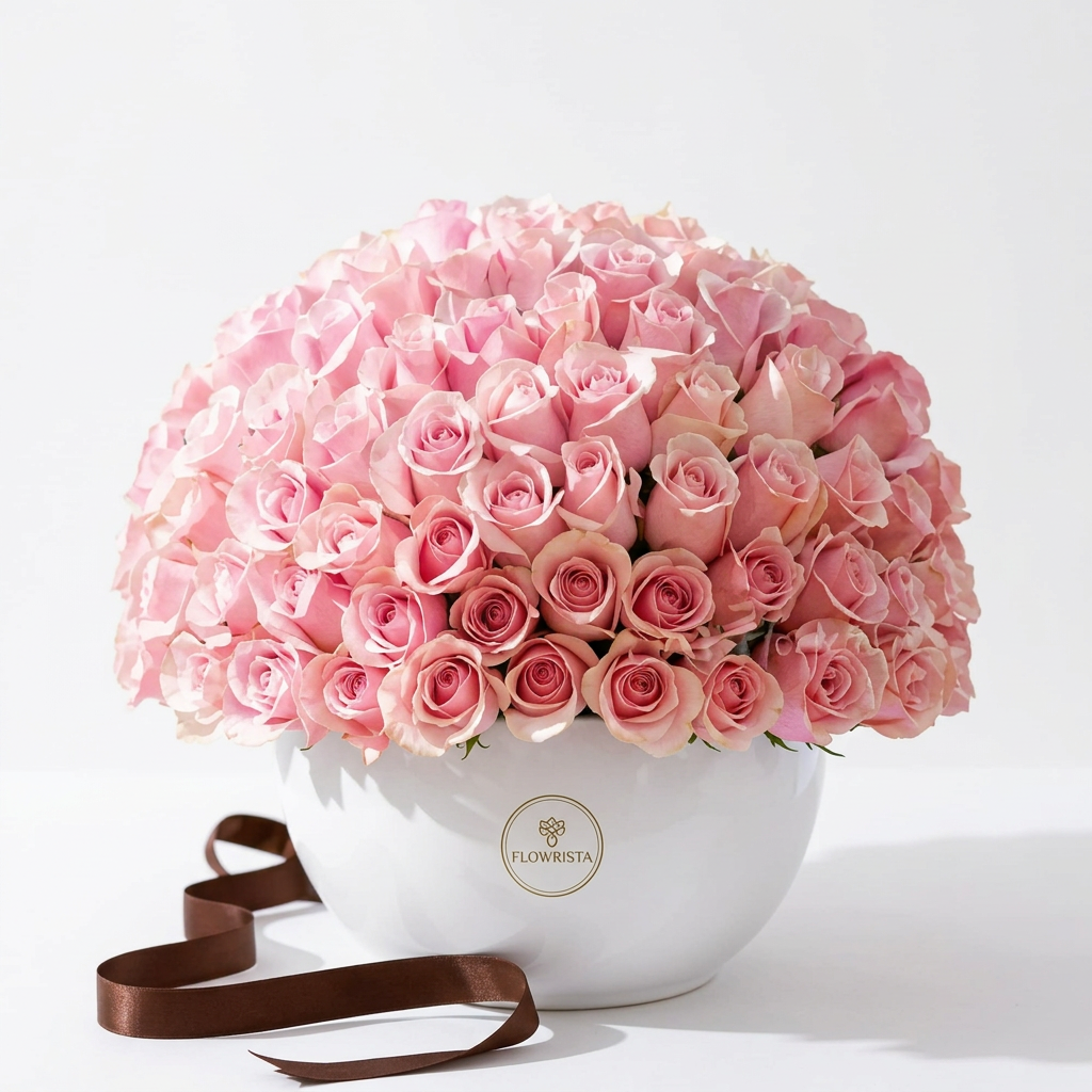 100 fresh pale pink roses arranged in a full dome in a white Flowrista ceramic vase