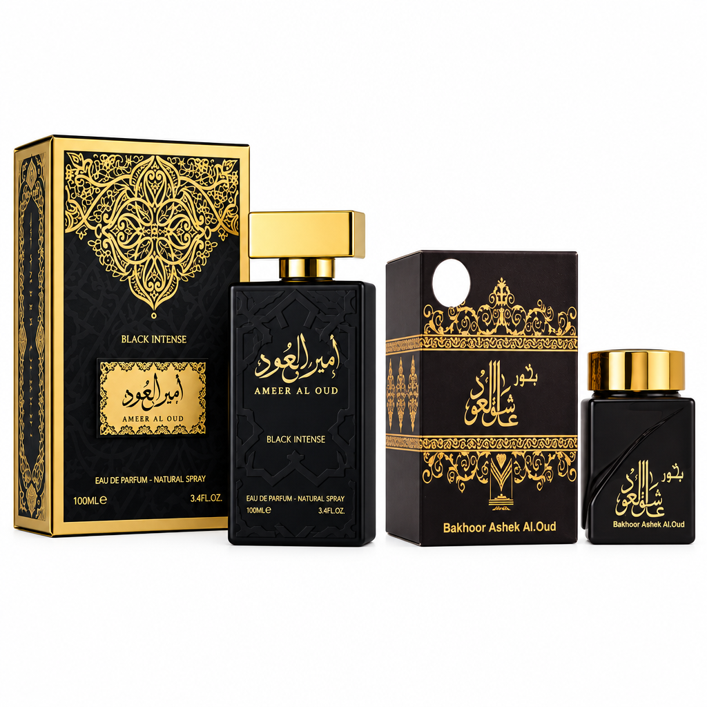 Black Intense perfume and Bakhoor Ashek Al Oud with their matching black and gold boxes