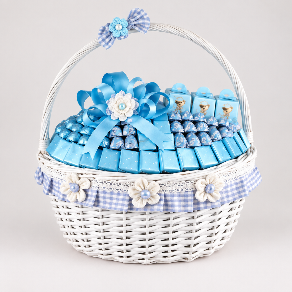 Blue and white chocolate gift basket product photo